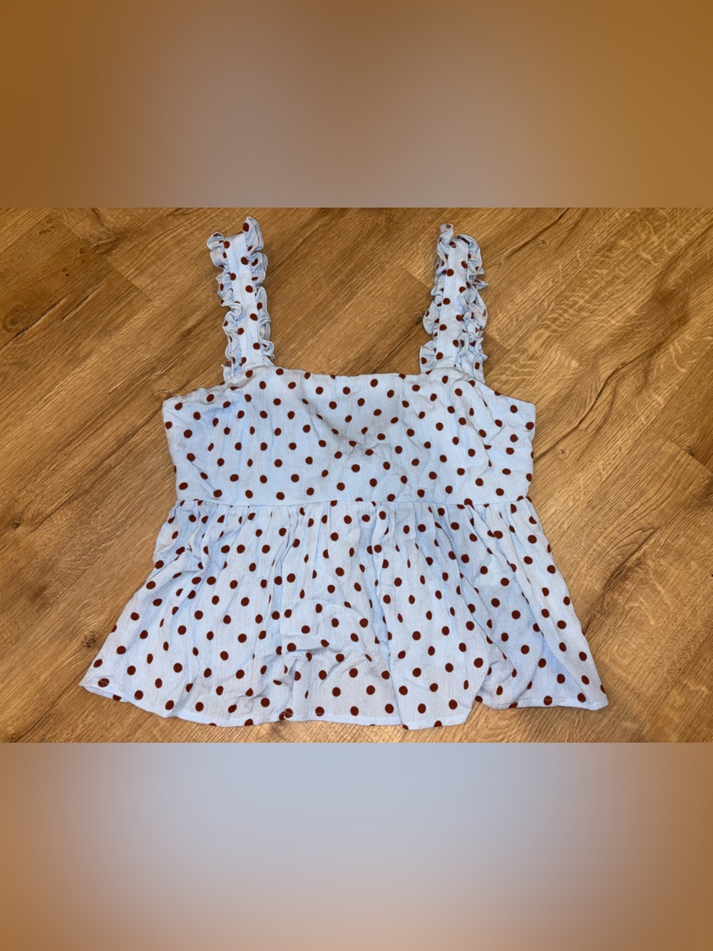 Thirty Thirty LA Polka Dot Ruffle Tank Top in Light Blue and Rust